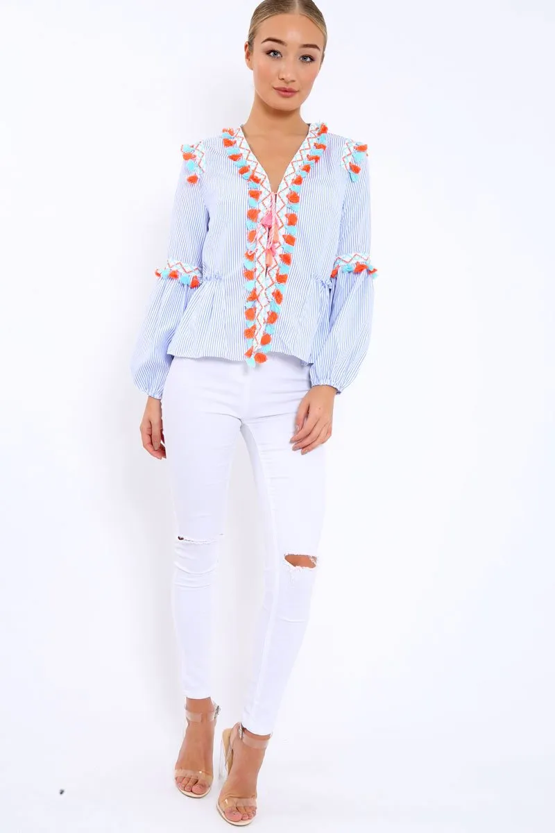 Blue Pinstripe Shirt with Tassel detailing - Roseanna
