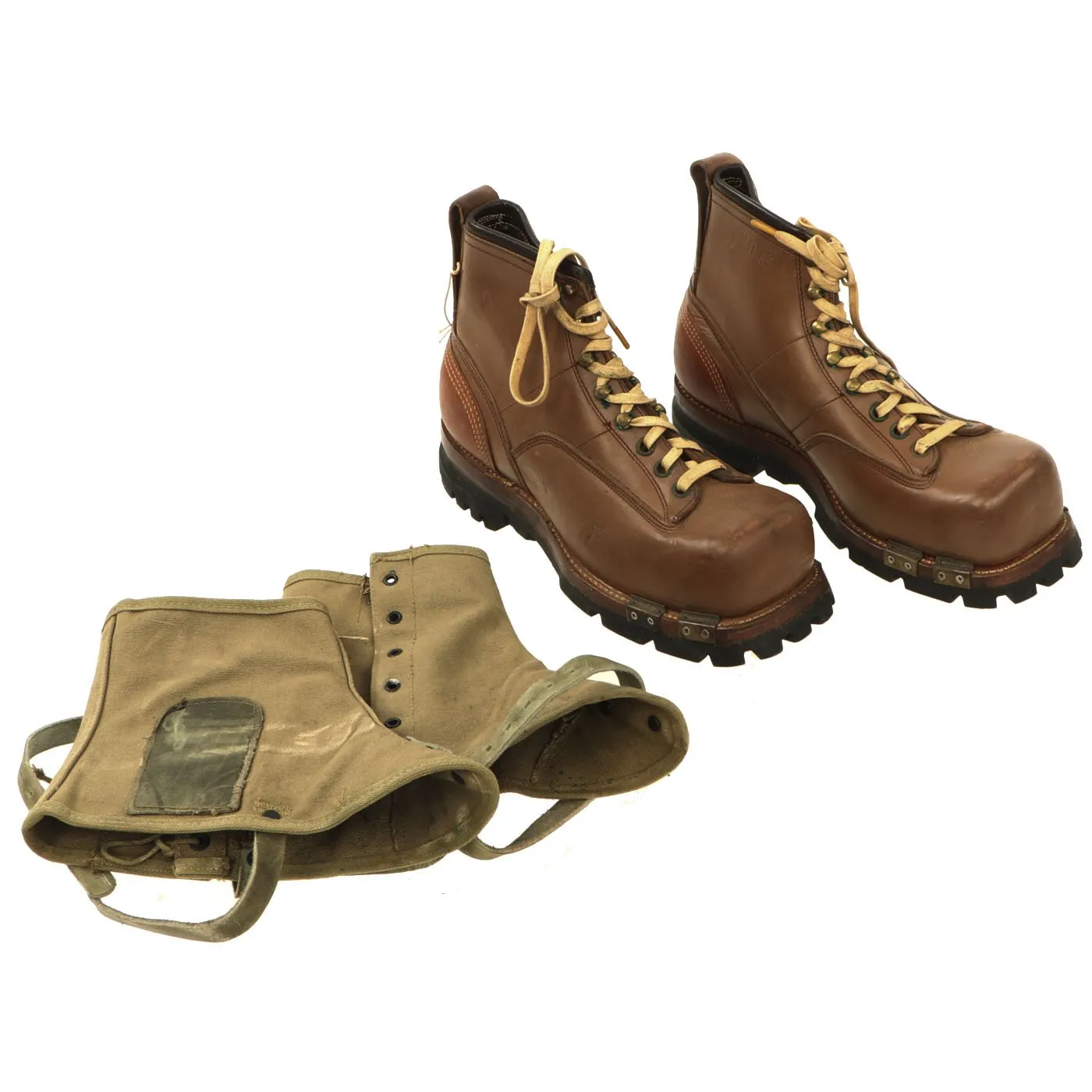 Original U.S. WWII Army Size 7 1/2D Ski Mountain Boots by A. Sandler Co. dated 1943 with Gaiters