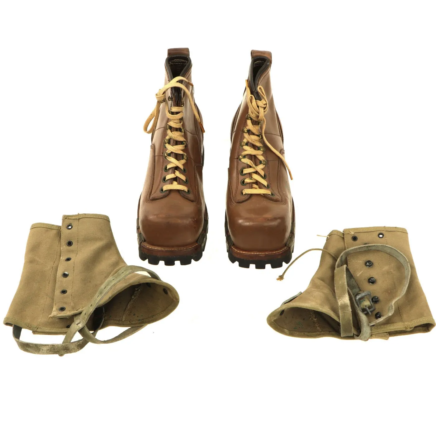 Original U.S. WWII Army Size 7 1/2D Ski Mountain Boots by A. Sandler Co. dated 1943 with Gaiters