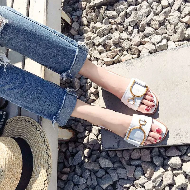 Women's Summer Gold Buckle Detail Flat Sandals