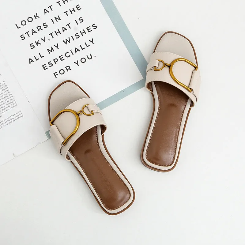 Women's Summer Gold Buckle Detail Flat Sandals