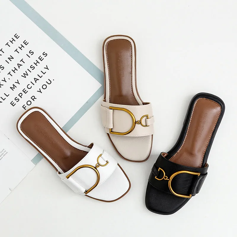 Women's Summer Gold Buckle Detail Flat Sandals