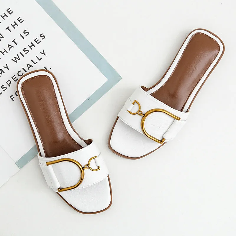 Women's Summer Gold Buckle Detail Flat Sandals